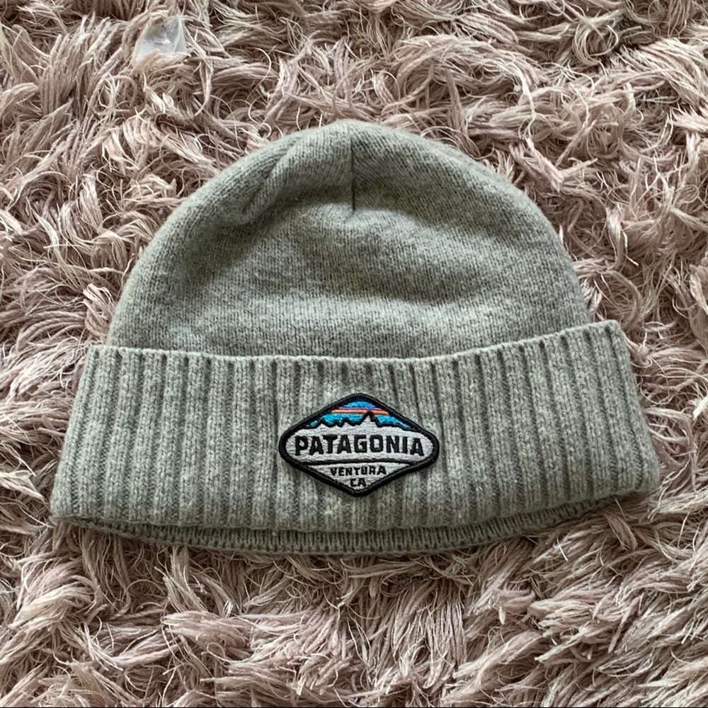 ribbed grey patagonia logo beanie
